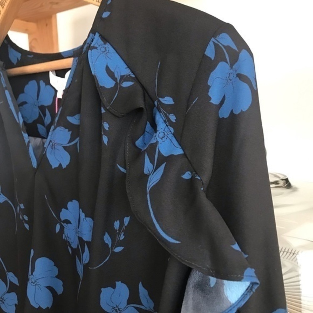 Parker Black Blue Floral Print Ruffle Long Sleeve Blouse Small - Picture 6 of 14
